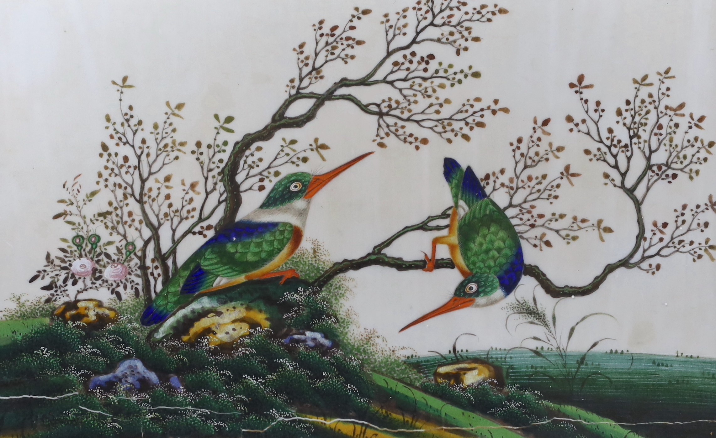 19th century Chinese School, four gouaches on pith paper, Studies of birds in landscapes, 18 x 30cm